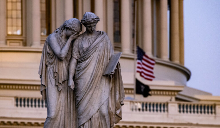 WASHINGTON, DC - APRIL 2: The Peace Monument is seen in front of the U.S. Capitol Building with the American flag flying at half staff over the U.S. Capitol in honor of the Capitol Police officer that was killed in the line of duty earlier today on April 02, 2021 in Washington, DC. The U.S. Capitol was briefly locked down after a person reportedly rammed the vehicle into multiple Capitol Hill police officers. One officer was killed and one was wounded. The suspect, who exited the vehicle with a knife was fatally shot. (Photo by Samuel Corum/Getty Images)