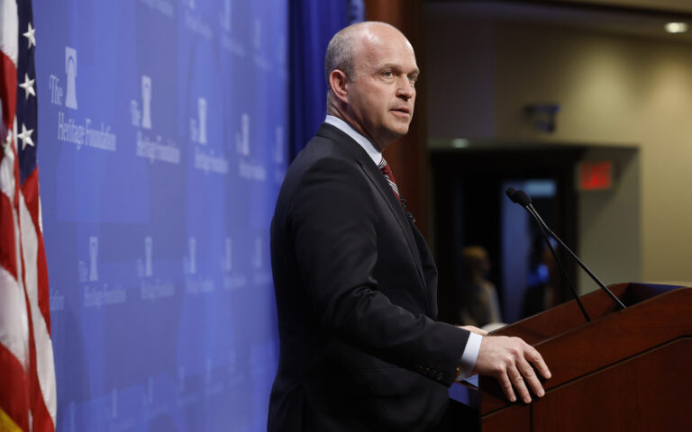 WASHINGTON, DC - OCTOBER 19: Heritage Foundation President Kevin Roberts introduces former Vice President Mike Pence during an event to promote his new book at the conservative think tank on October 19, 2022 in Washington, DC. During his remarks, Pence talked about his "freedom agenda" and warned against "unmoored populism." (Photo by Chip Somodevilla/Getty Images)