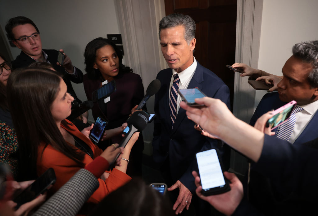 WASHINGTON, DC - OCTOBER 23: U.S. Rep. Dan Meuser (R-PA) speaks to the media after ending his bid for Speaker of the House outside of a House Republican candidates forum in the Longworth House Office Building on Capitol Hill on October 23, 2023 in Washington, DC. Members of the GOP conference will hear from the nine candidates who hope to succeed former Speaker of the House Kevin McCarthy (R-CA), who was ousted on October 4 in a move led by a small group of conservative members of his own party. 