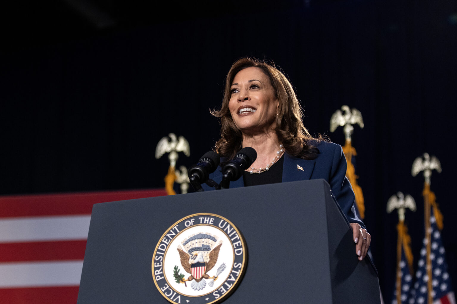 WEST ALLIS, WISCONSIN - JULY 23: Democratic presidential candidate, U.S. Vice President Kamala Harris speaks to supporters during a campaign rally at West Allis Central High School on July 23, 2024 in West Allis, Wisconsin. Harris made her first campaign appearance as the party's presidential candidate, with an endorsement from President Biden. (Photo by Jim Vondruska/Getty Images)