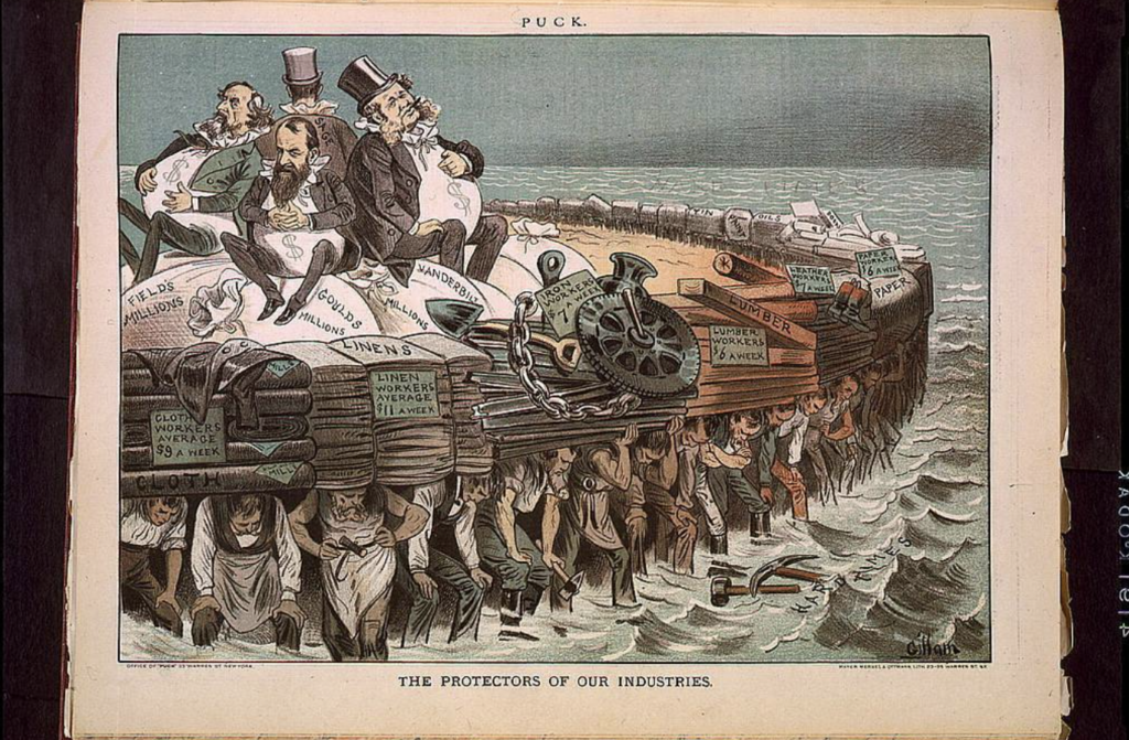 An 1883 cartoon depicting business mogols Jay Gould, Cornelius Vanderbilt, Marshall Field, and financier Russell Sage being lifted up from the tide of hard times on the backs of laborers.