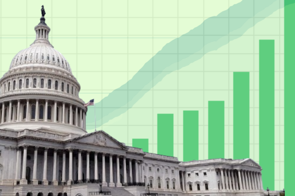 Capitol Hill Congressional building against a background of rising stock charts