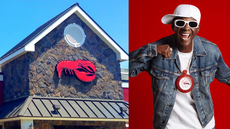 Photo collage with one half showing a red lobster, and the other featuring Red Lobster location