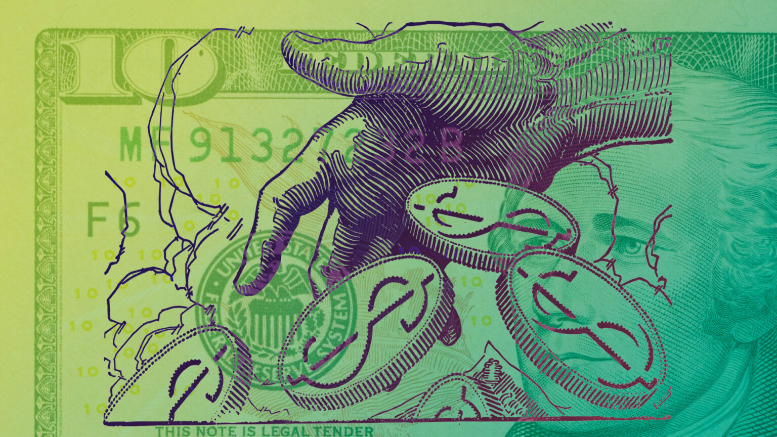 illustration of a hand reaching out transposed on dollars and change.