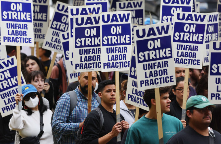 LOS ANGELES, CALIFORNIA - MAY 28: UCLA (University of California, Los Angeles) academic workers from United Auto Workers Local 4811 picket on the first day of their strike on May 28, 2024 in Los Angeles, California. The academic workers are striking over the law enforcement response at various University of California pro-Palestinian campus protests. Unionized academic workers at UC Davis and UC Santa Cruz are also now on strike.