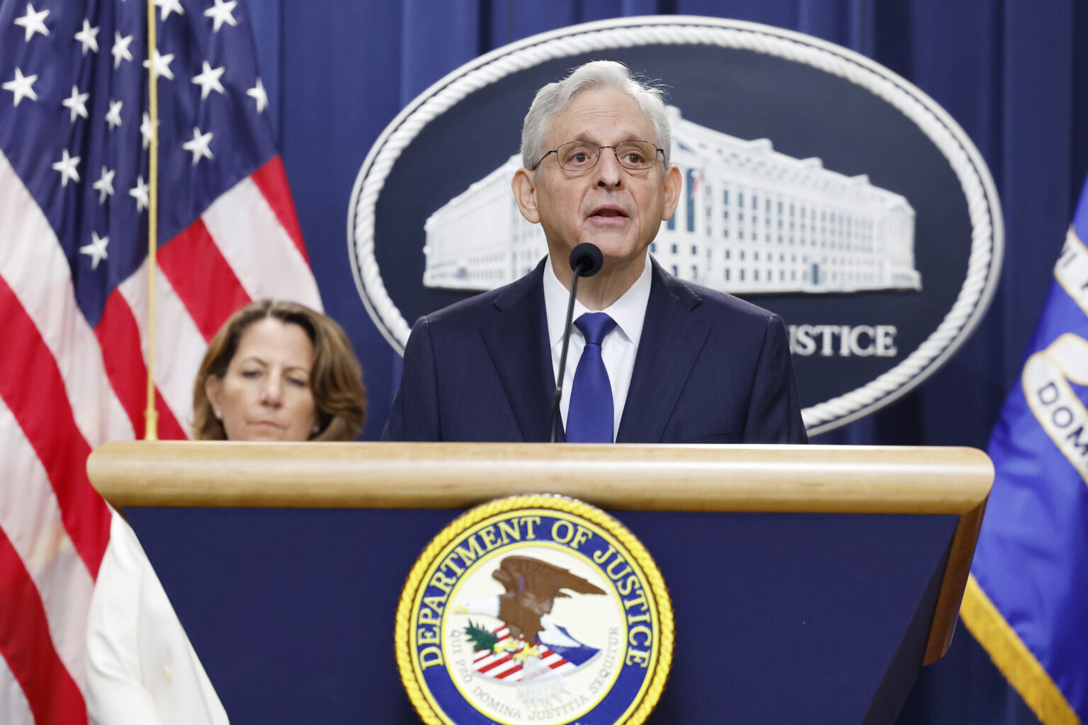 WASHINGTON, DC - AUGUST 23: U.S. Attorney General Merrick Garland speaks during a press conference at the U.S. Department of Justice on August 23, 2024 in Washington, DC. Officials with the Department of Justice held the news conference to make an announcement pertaining to their antitrust lawsuit against the real estate software company RealPage. (Photo by Anna Moneymaker/Getty Images)