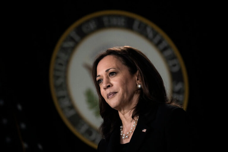 WASHINGTON, DC - JUNE 3: U.S. Vice President Kamala Harris waits to speak during an event on high-speed internet access in the South Court Auditorium at the White House complex on June 3, 2021 in Washington, DC. Harris announced that the Biden administration is making $1 billion available in grants to improve high-speed internet access in tribal lands. The $1 billion in grant funding was originally included in the coronavirus relief package.