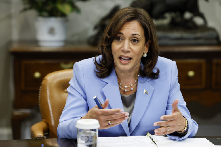 WASHINGTON, DC - APRIL 12: U.S. Vice President Kamala Harris speaks during the start of a meeting with the Biden administration’s Task Force on Reproductive Health Care Access in the Roosevelt Room of the White House on April 12, 2023 in Washington, DC. The task force met to discuss how the administration will help protect citizens' access to abortions in the wake of the Texas district court’s decision on medication abortion. Kamala also proposed quadrupling the excise tax on corporate buybacks