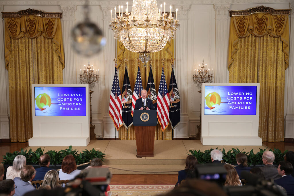 WASHINGTON, DC - AUGUST 29: U.S. President Joe Biden speaks during an event promoting lower healthcare costs in the East Room of the White House on August 29, 2023 in Washington, DC. The Biden administration announced a list of the first ten medicines that will now have lower prices following negotiations with Medicare.