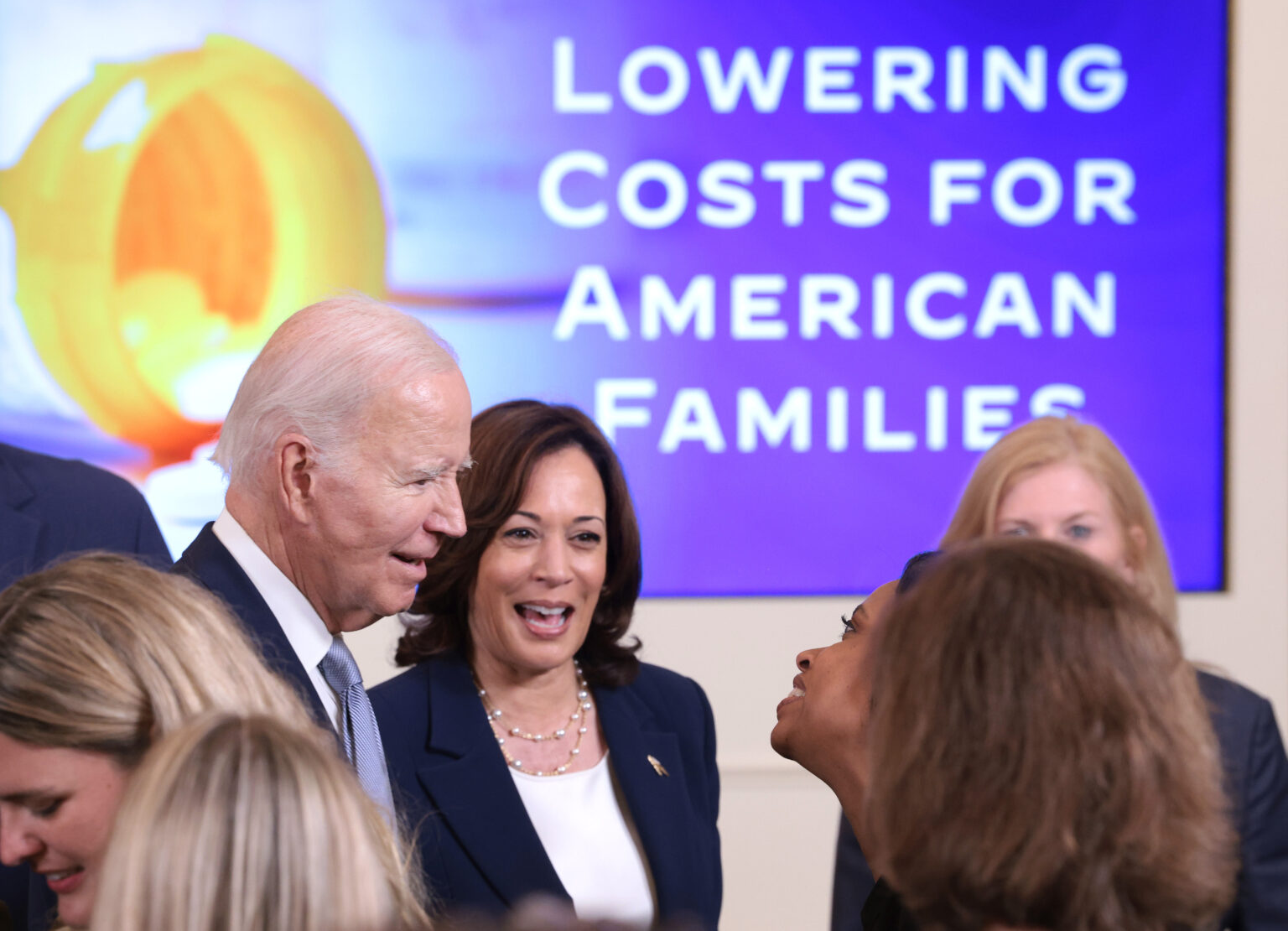 WASHINGTON, DC - AUGUST 29: U.S. President Joe Biden and Vice President Kamala Harris greet audience members during an event promoting lower healthcare costs in the East Room of the White House on August 29, 2023 in Washington, DC. The Biden administration announced a list of the first ten medicines that will now have lower prices following negotiations with Medicare.