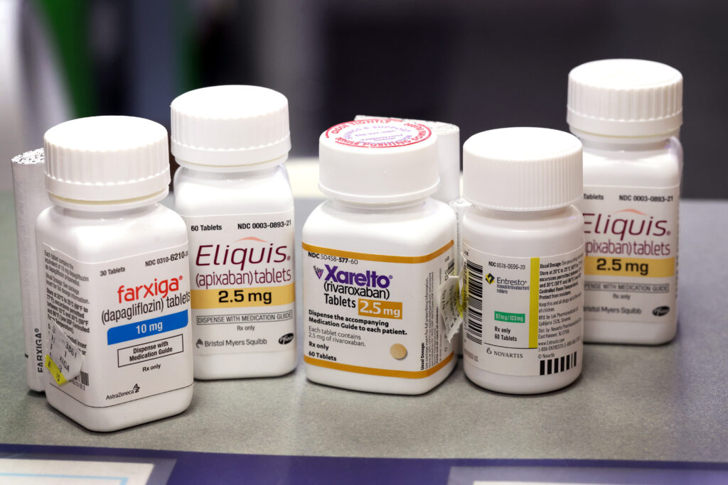 CHICAGO, ILLINOIS - AUGUST 29: In this photo illustration, Farxiga, Xarelto, Entresto, and Eliquis are made available to customers at the New City Halsted Pharmacy on August 29, 2023 in Chicago, Illinois. These are 4 of 10 prescription drugs that will be subject to Medicare price negotiations under the Inflation Reduction Act. The other drugs include Jardiance, Enbrel, Januvia, Imbruvica, Stelara and Fiasp. (