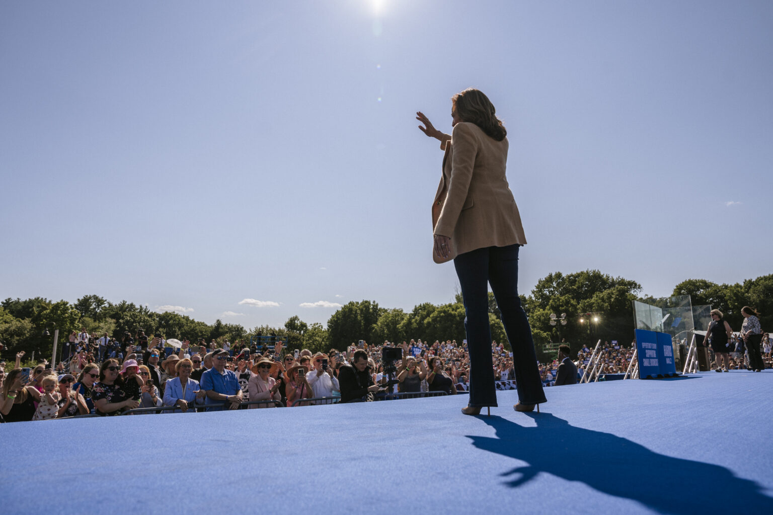 NORTH HAMPTON, NEW HAMPSHIRE - SEPTEMBER 4: Democratic presidential nominee, U.S. Vice President Kamala Harris waves to the crowd during a campaign stop at the Throwback Brewery on September 4, 2024 in North Hampton, New Hampshire. During the visit, Harris proposed a new tax cut to help entrepreneurs with the costs of starting a small business. Harris has faced backlash on her unrealized gains tax proposal.