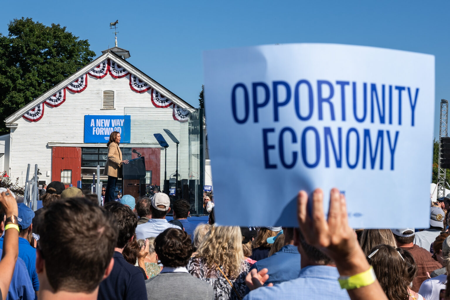 NORTH HAMPTON, NH - SEPTEMBER 4: Vice President Kamala Harris speaks during a campaign rally at Throwback Brewery in North Hampton, N.H., announcing a new tax plan. (Photo by Kylie Cooper for The Washington Post via Getty Images)