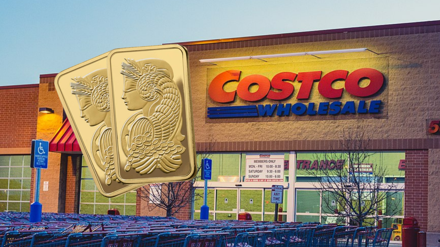 costco storefront with 2 of 1 oz Gold Bar PAMP Suisse Lady Fortuna Veriscan which are currently being sold in costcos gold rush