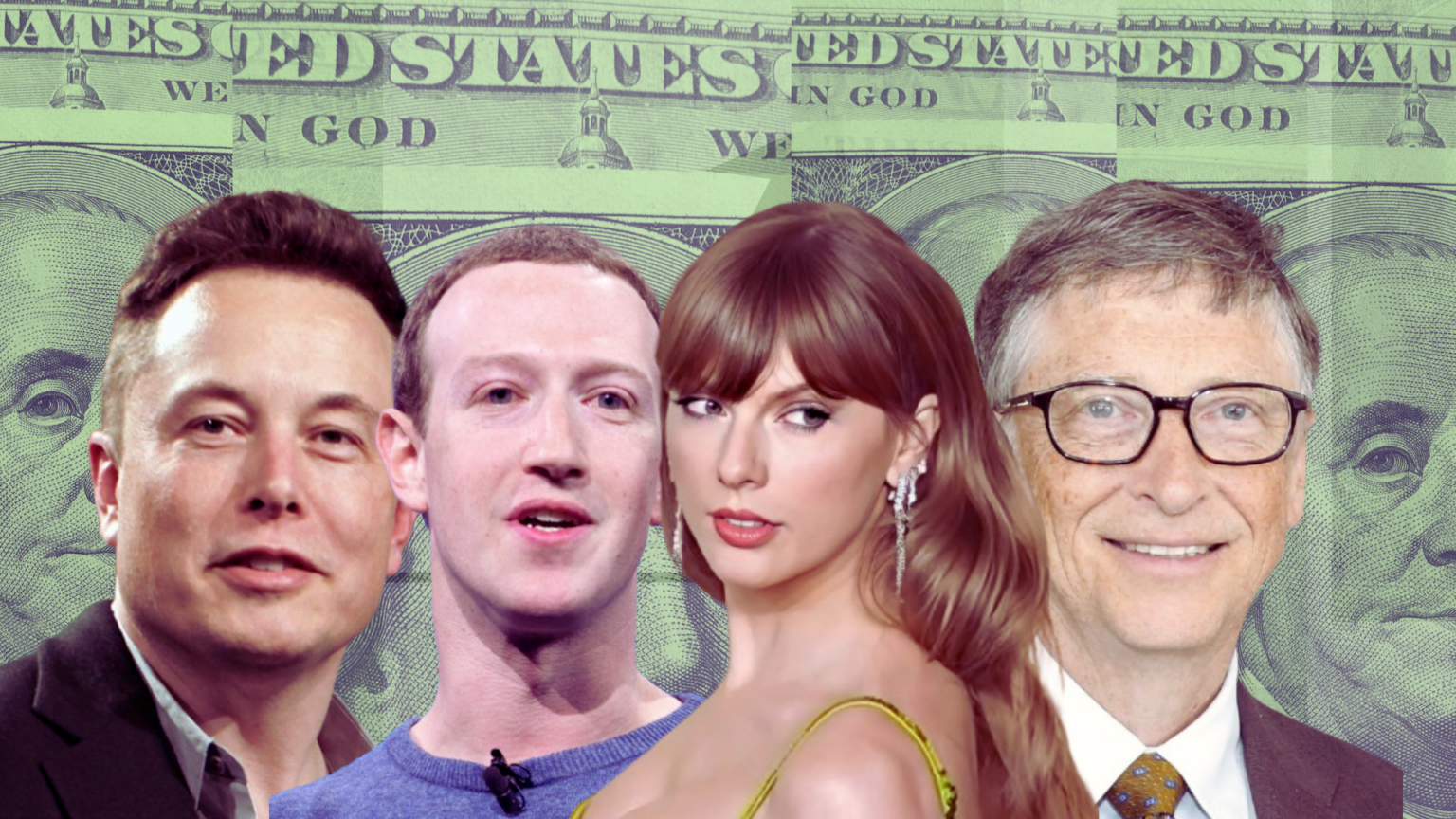 American billionaires Taylor Swift, Elon Musk, Bill gates, and Mark Zuckerberg