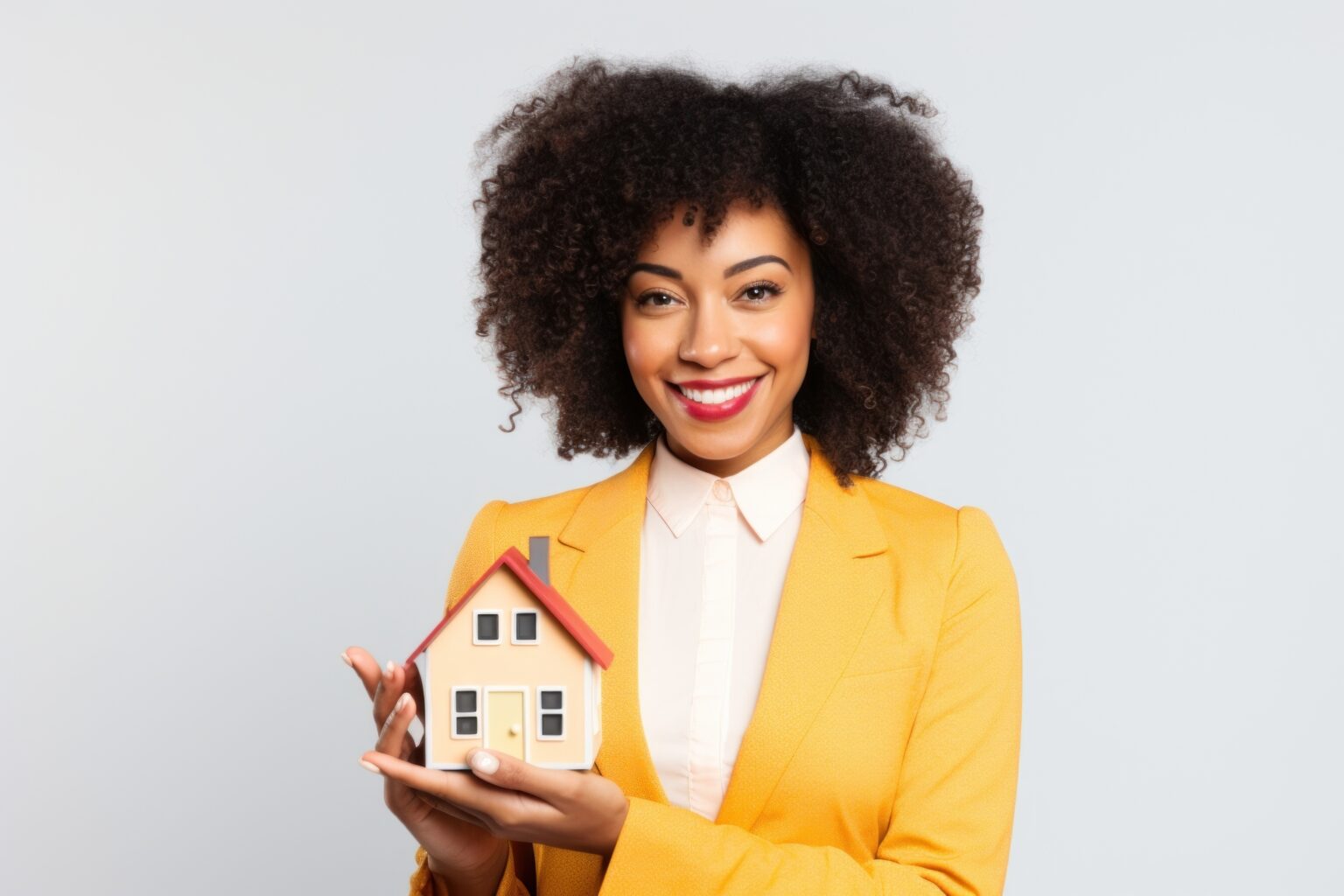 Woman holding a figure of a home. unmarried Women homeowners outnumber men