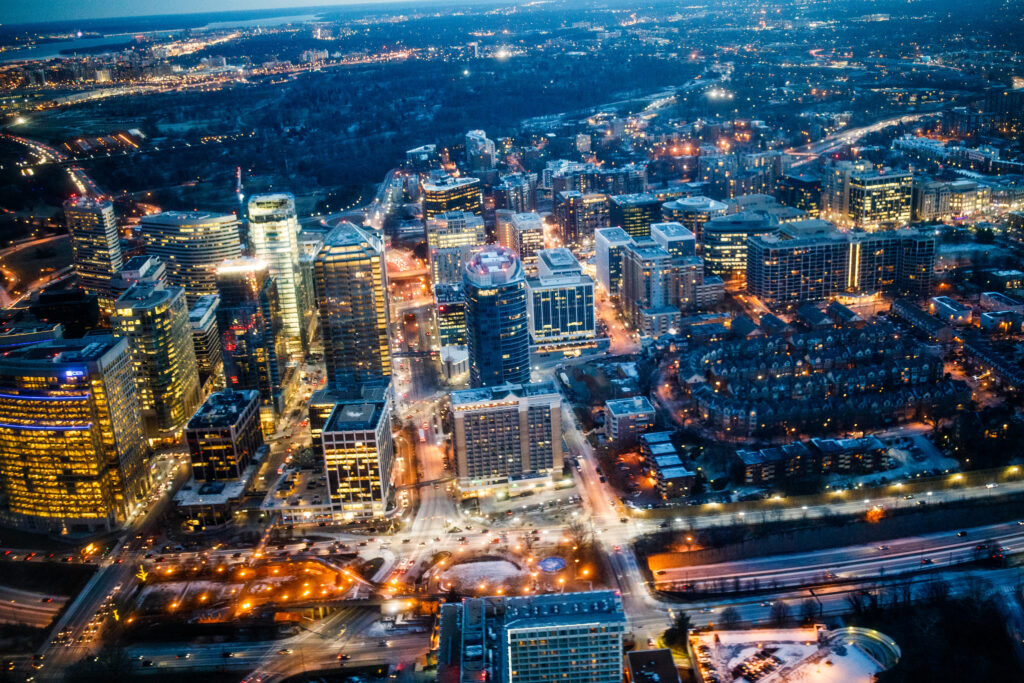 Night time view of Arlington Virginia skyline