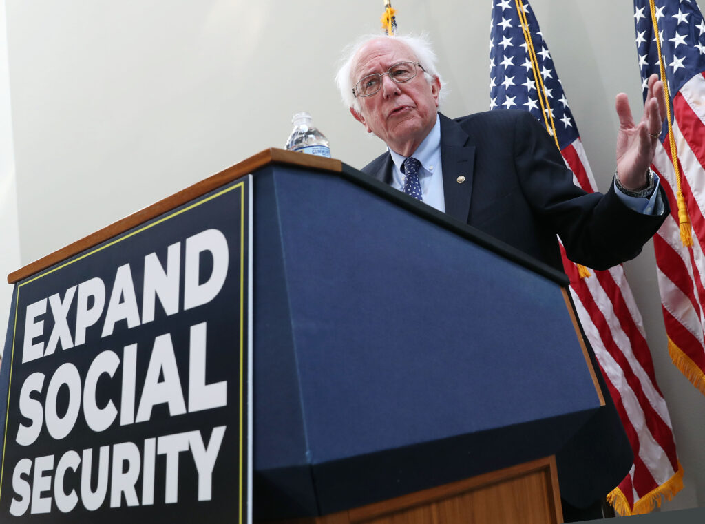 WASHINGTON, DC - FEBRUARY 13: Sen. Bernie Sanders (I-VT) speaks during a news conference to announce legislation to expand Social Security, on Capitol Hill February 13, 2019 in Washington, DC. Sen. Sanders proposal would contribute to Social Security with payroll taxes on income above $250,000. 