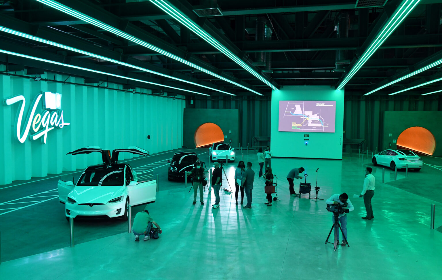 LAS VEGAS, NEVADA - APRIL 09: A general view shows the Central Station during a media preview of the Las Vegas Convention Center Loop on April 9, 2021 in Las Vegas, Nevada. The Las Vegas Convention Center Loop is an underground transportation system that is the first commercial project by Elon Musk’s The Boring Company. The USD 52.5 million loop, which includes two one-way vehicle tunnels 40 feet beneath the ground and three passenger stations, will take convention attendees across the 200-acre convention campus for free in all-electric Tesla vehicles in under two minutes. To walk that distance can take upward of 25 minutes. The system is designed to carry 4,400 people per hour using a fleet of 62 vehicles at maximum capacity. It is scheduled to be fully operational in June when the facility plans to host its first large-scale convention since the COVID-19 shutdown. There are plans to expand the system throughout the resort corridor in the future.