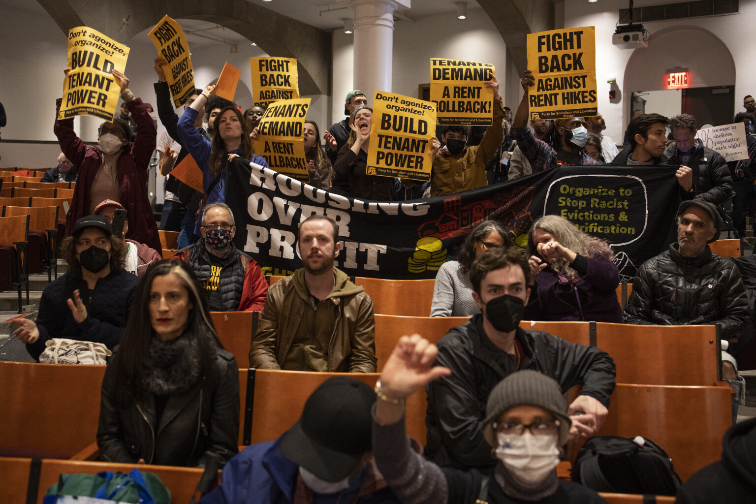 NEW YORK, NEW YORK - MAY 2: Tenants and housing rights activists disrupt a meeting of the New York City rent board to demand a zero percent increase in rent for city rent stabilized apartments, May 2, 2023 at Cooper Union in New York City, New York.