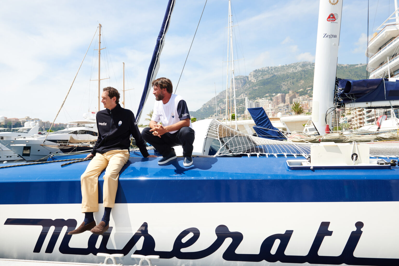 MONTE-CARLO, MONACO - JUNE 29: Skipper Giovanni Soldini (R) and chairman of Fiat Chrysler Automobiles NV John Elkann attend the Maserati Multi70 press conference at YCM on June 29, 2016 in Monte-Carlo, Monaco.