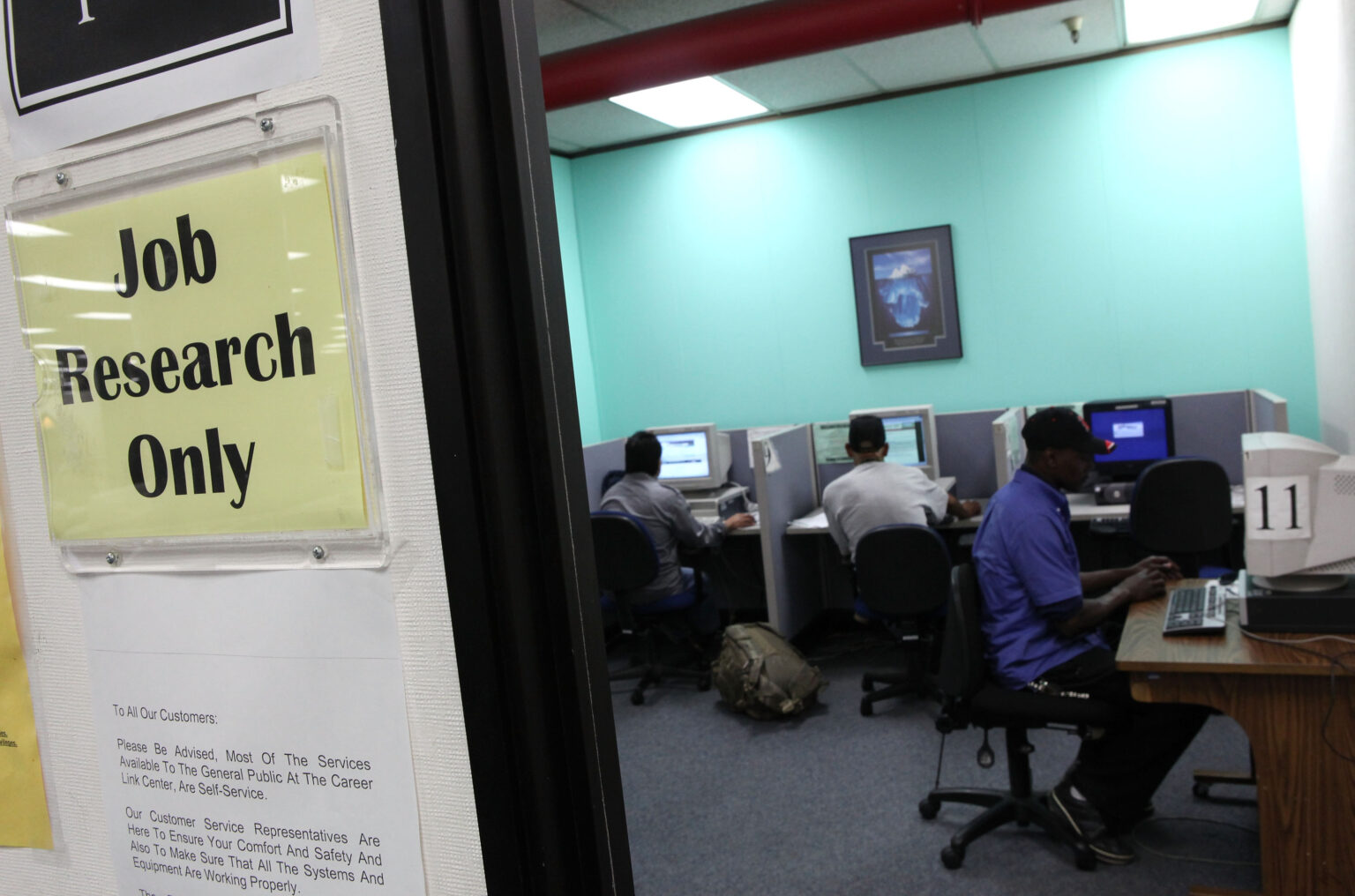 SAN FRANCISCO - AUGUST 12: Job seekers look through listings on computers at the One Stop Career Link Employment Center August 12, 2009 at the One Stop Career Link Employment Center in San Francisco, California. Mayor Gavin Newsom of San Francisco announced a new ''Jobs Now'' initiative which aims to employ 1,000 San Franciscans using $25 million in federal stimulus funds. The program is designed specifically for unemployed individuals with an income of less than 200 percent of the federal poverty level and with at least one child.