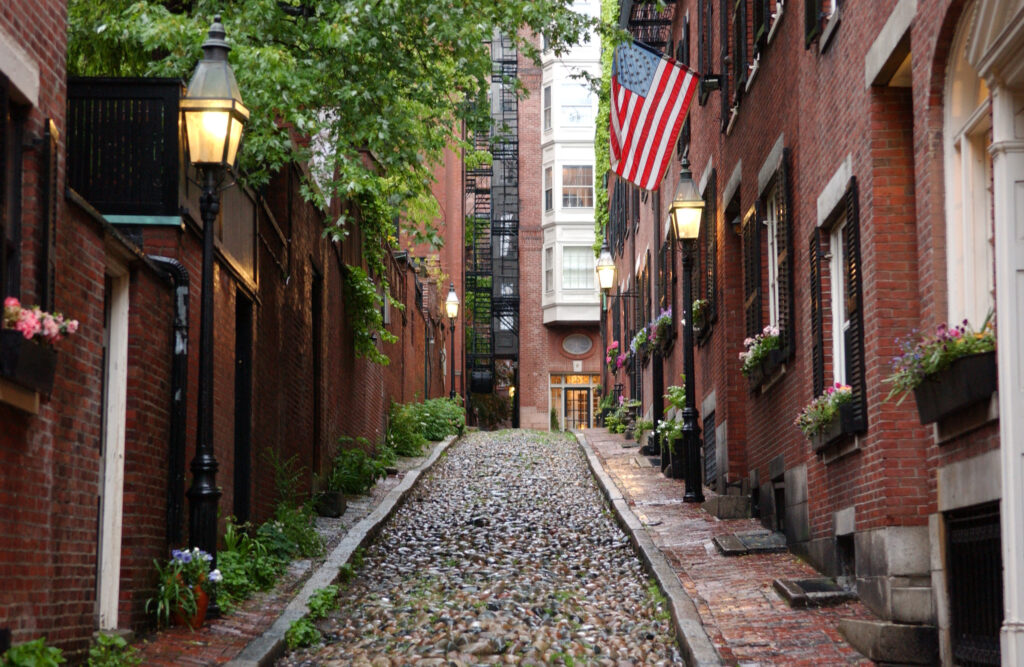 city street in Boston with red brick buildings 