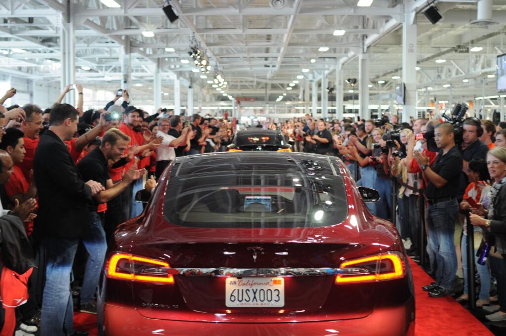 Tesla Model S Parade during first deliveries to retail customers at Tesla Factory in Fremont, California.