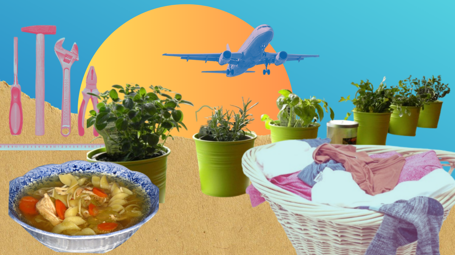 collage of life hacks to save money items like tools, a plane, herb garden, laundry basket against a blue background