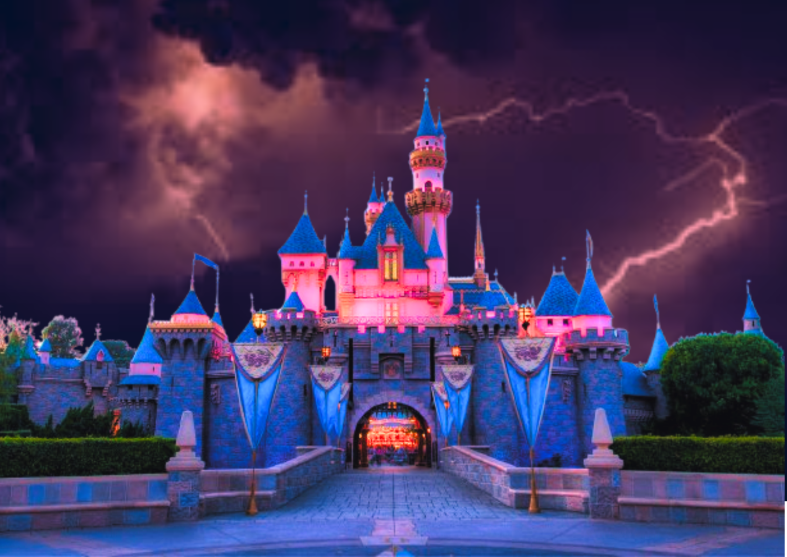 Sleeping beauty's castle from disneyland against a thunderous sky