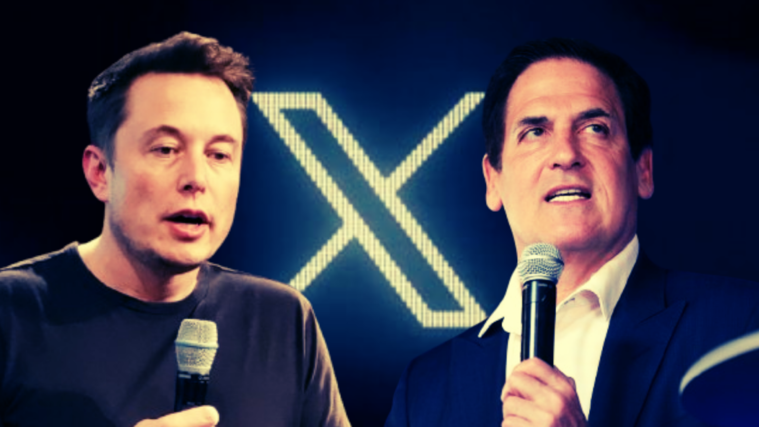 Billionaire Twitter drama subjects Mark Cuban and Elon Musk against a backdrop of X's logo