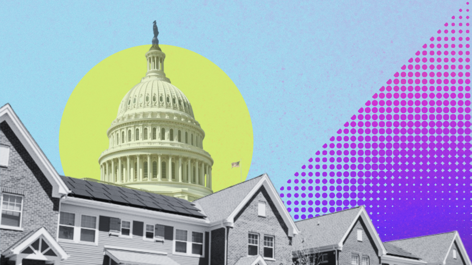 houses in Black and white in front of capitol hill dome, color full background. vp article about housing affordability explanations