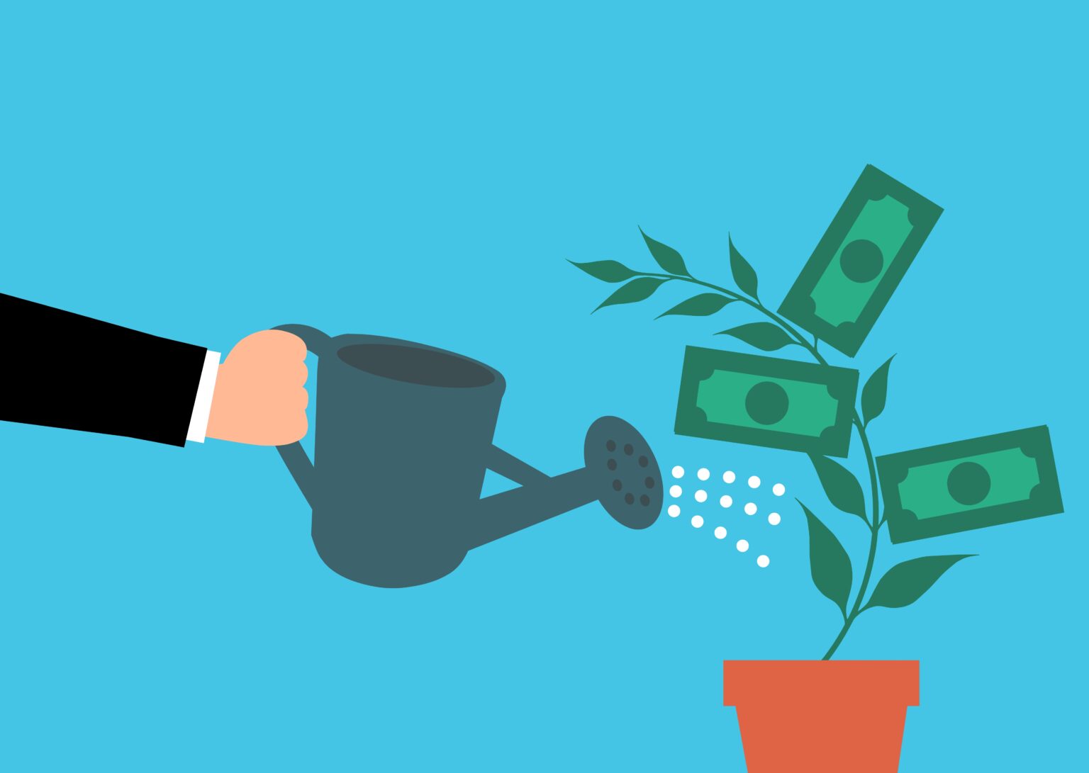 Illustration of a hand with a watering can watering a potted plant with dollars as leaves