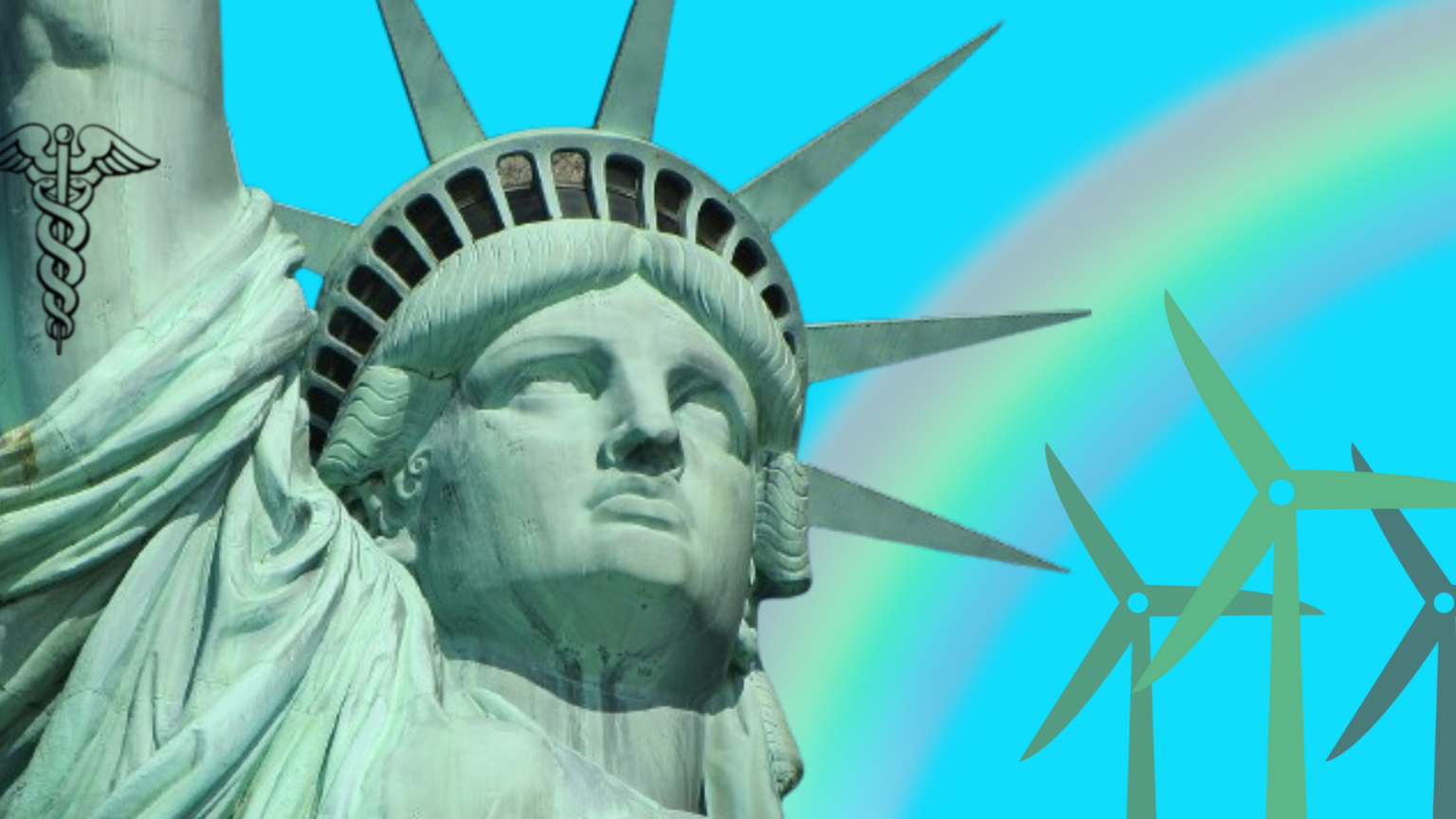 close up of statue of liberty with rainbow background, windmills, and medical sign on arm