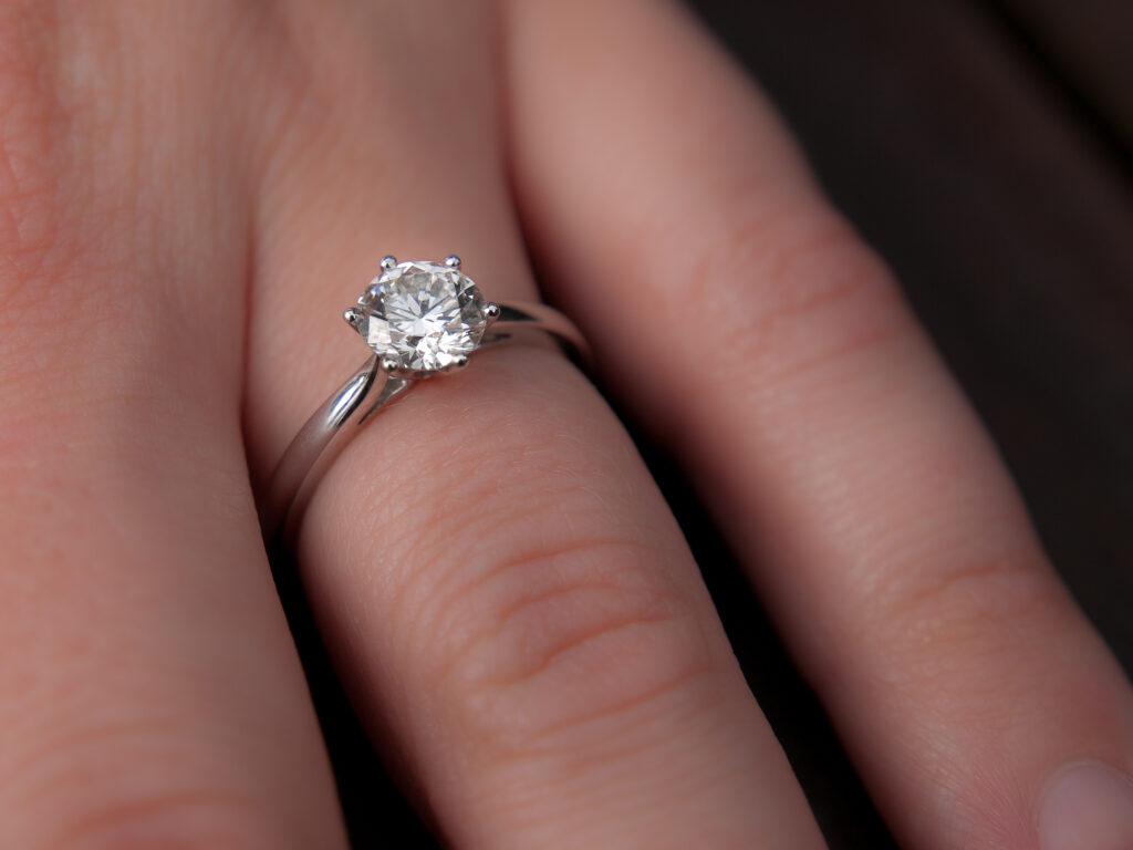 close up of a hand with a round diamond (looking) engagement ring