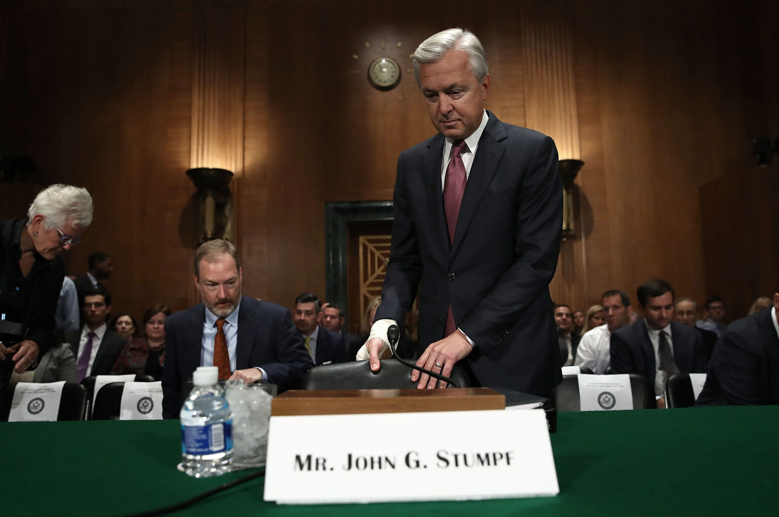 WASHINGTON, DC - SEPTEMBER 20: John Stumpf, chairman and CEO of the Wells Fargo & Company, arrives for testimony before the Senate Banking, Housing and Urban Affairs Committee September 20, 2016 in Washington, DC. The committee heard testimony on the topic of "An Examination of Wells Fargo's Unauthorized Accounts and the Regulatory Response" in the fallout of the Wells fargo cross-selling scandal