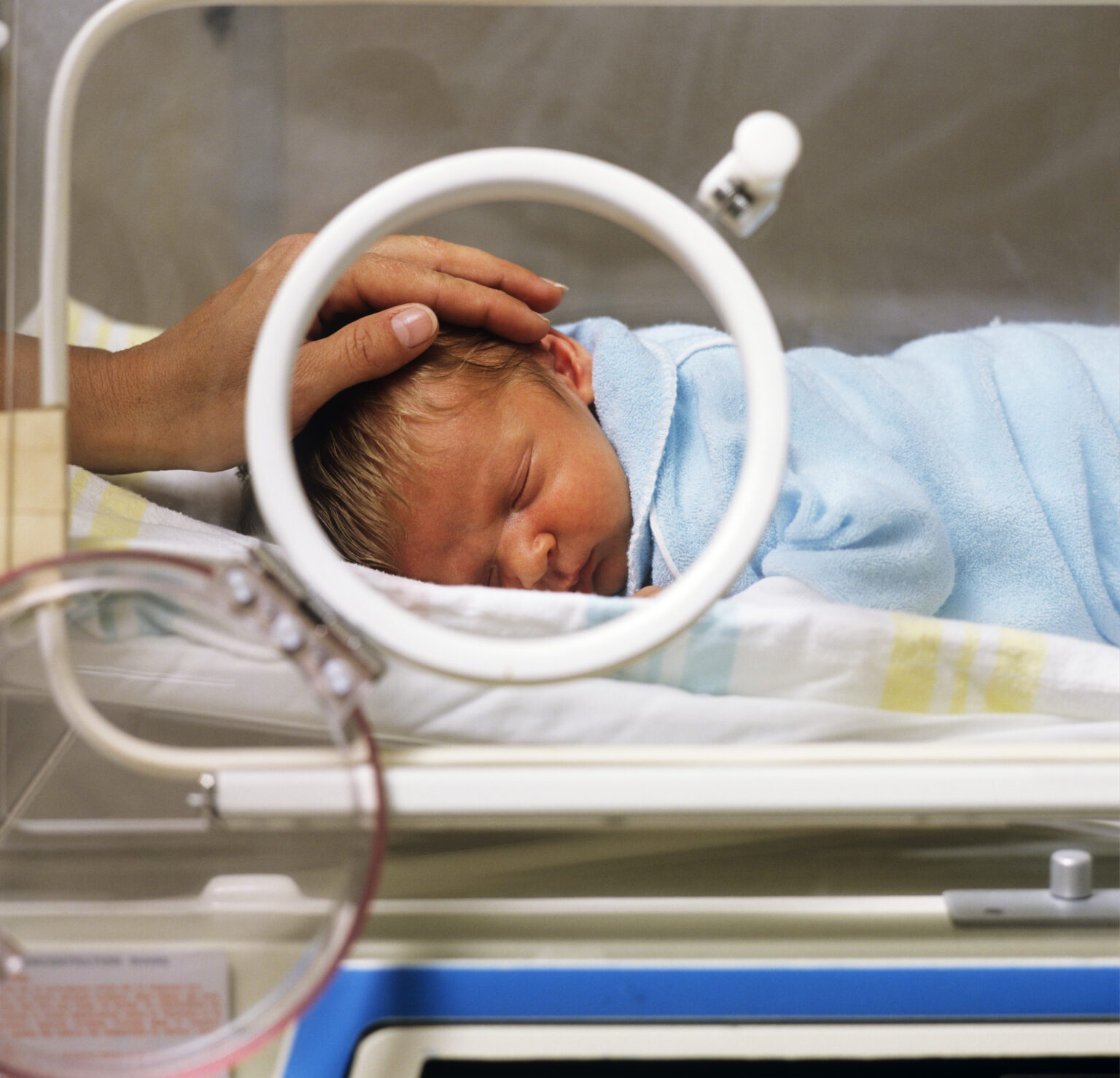 FEMALE HAND SOOTHING NEWBORN INFANT IN INCUBATOR