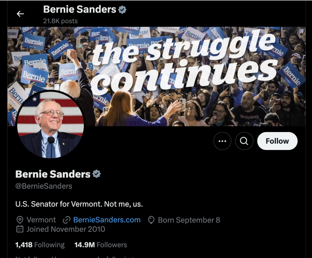 Screenshot of Bernie Sanders Official Twitter account. 