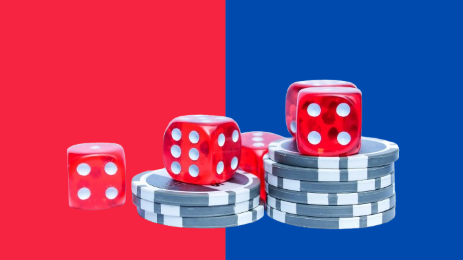 red dice stacked on poker chips in front of a red and blue background