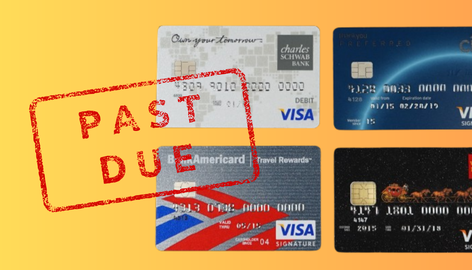 four credit cards against a gradiant color background; credit card utilization and delinquency rate