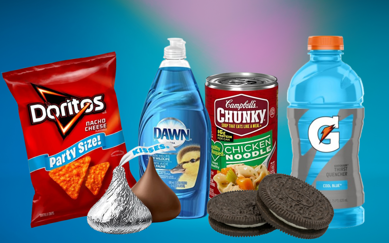 bag of doritos, dawn soap, hershey kisses, oreos, and gatorade against a graident background