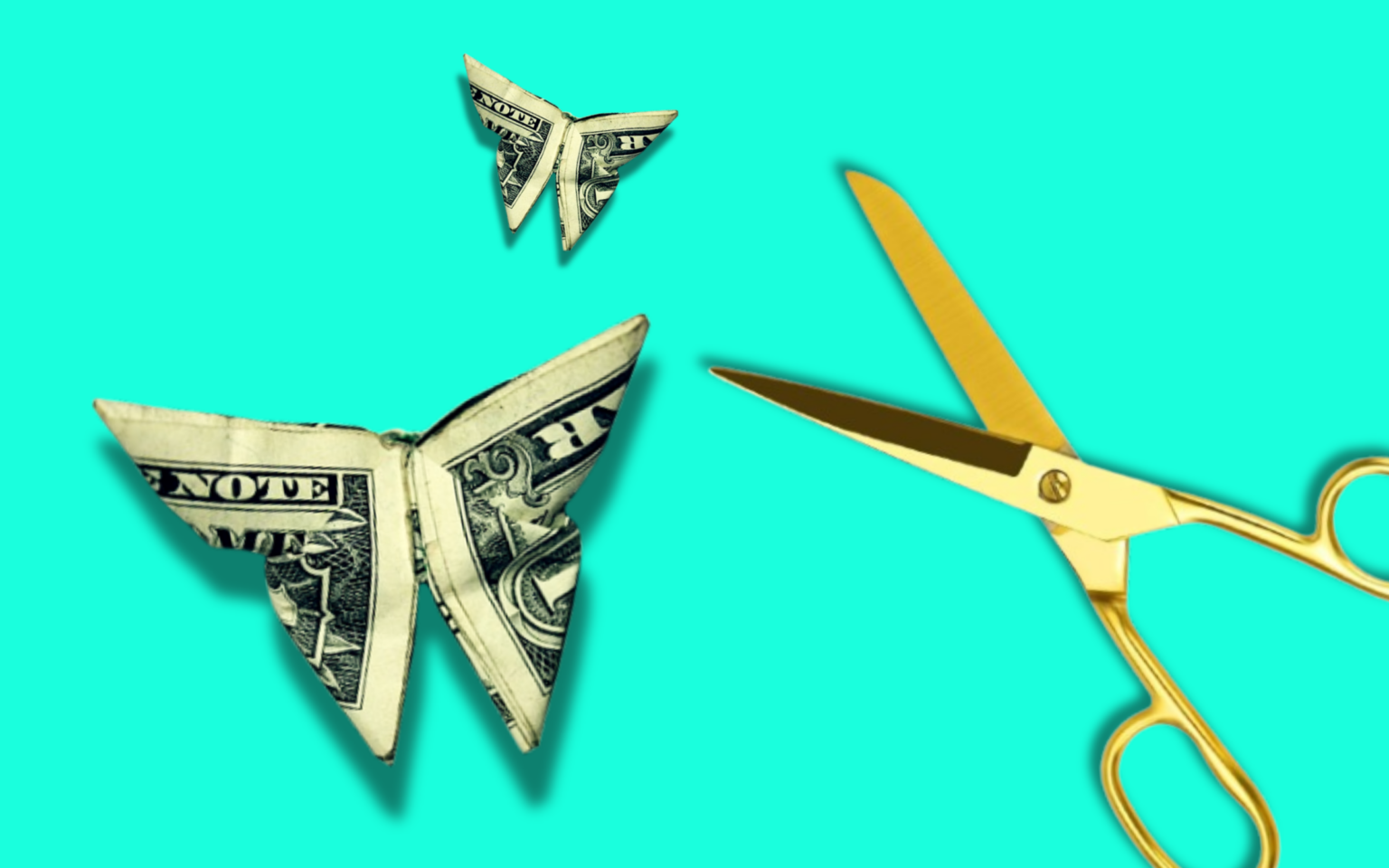 origami butterflies made out of dollar, golden scissors against a blue green background